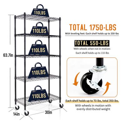 Image showing 6 th EFINE Black 5-Tier Rolling Heavy Duty Metal Wire Storage Shelving Unit Casters 1 in. Pole (30 in. W x 63.7 in. H x 14 in. D)