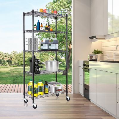 Image showing 7 th EFINE Black 5-Tier Rolling Heavy Duty Metal Wire Storage Shelving Unit Casters 1 in. Pole (30 in. W x 63.7 in. H x 14 in. D)