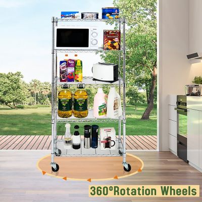 Image showing  Chrome 5-Tier Rolling Heavy Duty Metal Wire Storage Shelving Unit Caster 1 in. Pole (30 in. W x 63.7 in. H x 14 in. D)