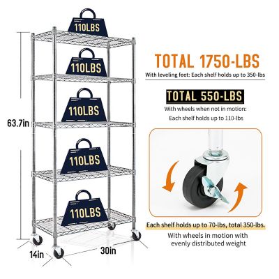 Image showing 6 th EFINE Chrome 5-Tier Rolling Heavy Duty Metal Wire Storage Shelving Unit Caster 1 in. Pole (30 in. W x 63.7 in. H x 14 in. D)