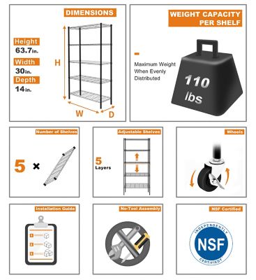 Image showing 8 th EFINE Chrome 5-Tier Rolling Heavy Duty Metal Wire Storage Shelving Unit Caster 1 in. Pole (30 in. W x 63.7 in. H x 14 in. D)
