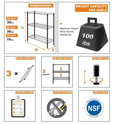 Image showing 7 th EFINE 3-Tier 36 in. x 36 in. x 16 in. Black Carbon Steel Wire Garage Storage Shelving Unit, NSF Certified