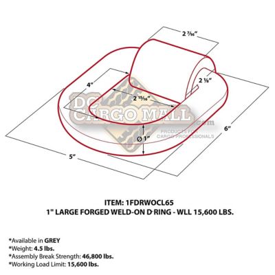 Image showing  Weld-On D-Ring, 1 in., 6 in. x 5 in., 15600 lb. WLL