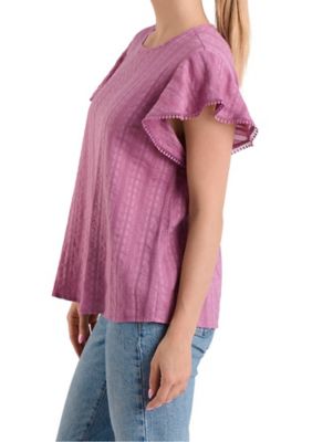 Image showing  Women's Woven Short Flutter Sleeve Top with Pom-Pom Crochet Trim