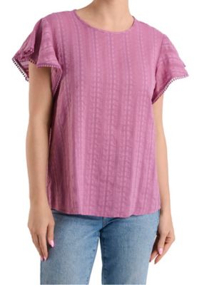 Image showing  Women's Woven Short Flutter Sleeve Top with Pom-Pom Crochet Trim