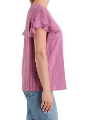 Image showing  Women's Woven Short Flutter Sleeve Top with Pom-Pom Crochet Trim