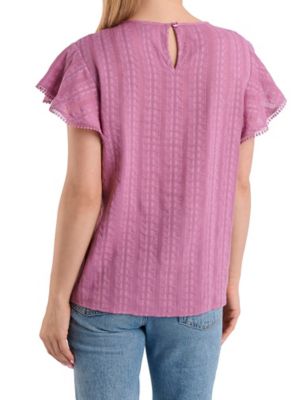 Image showing  Women's Woven Short Flutter Sleeve Top with Pom-Pom Crochet Trim