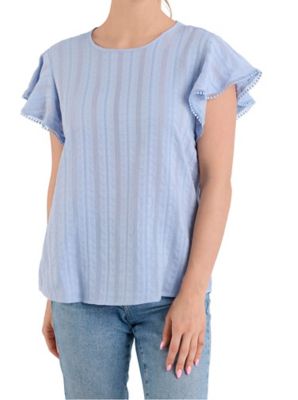 Image showing  Women's Woven Short Flutter Sleeve Top with Pom-Pom Crochet Trim