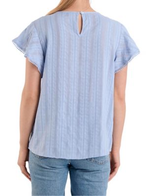 Image showing  Women's Woven Short Flutter Sleeve Top with Pom-Pom Crochet Trim