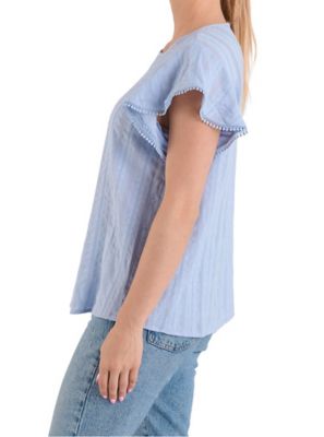 Image showing  Women's Woven Short Flutter Sleeve Top with Pom-Pom Crochet Trim