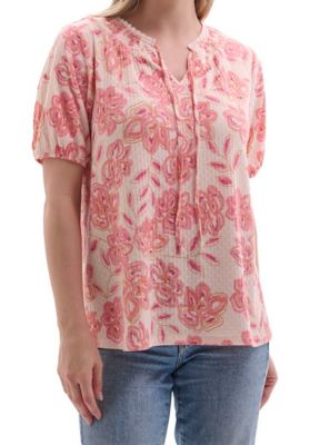 Como Vintage Women's Printed Smocked Neck Short-Sleeve Peasant Top