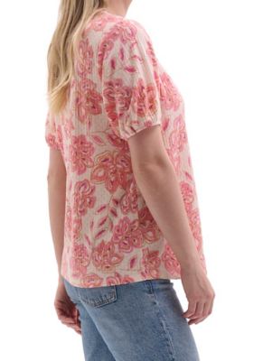 Image showing  Women's Printed Smocked Neck Short-Sleeve Peasant Top