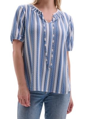 Como Vintage Women's Printed Smocked Neck Short-Sleeve Peasant Top