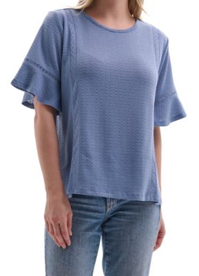 Image showing  Women's Crew Neck Knit Short Bell Sleeve Popover Shirt with Crochet Detailing