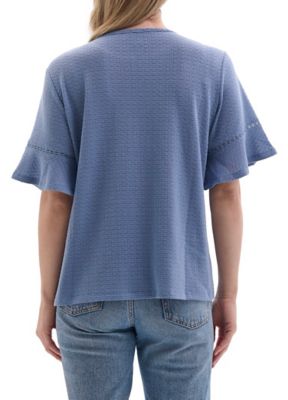 Image showing  Women's Crew Neck Knit Short Bell Sleeve Popover Shirt with Crochet Detailing