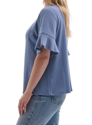 Image showing  Women's Crew Neck Knit Short Bell Sleeve Popover Shirt with Crochet Detailing