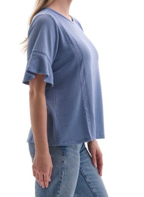 Image showing  Women's Crew Neck Knit Short Bell Sleeve Popover Shirt with Crochet Detailing