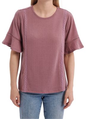 Image showing  Women's Crew Neck Knit Short Bell Sleeve Popover Shirt with Crochet Detailing