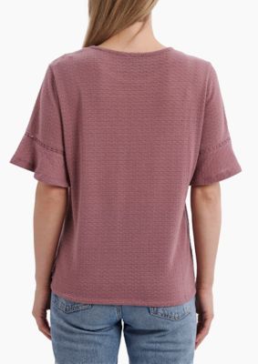 Image showing  Women's Crew Neck Knit Short Bell Sleeve Popover Shirt with Crochet Detailing