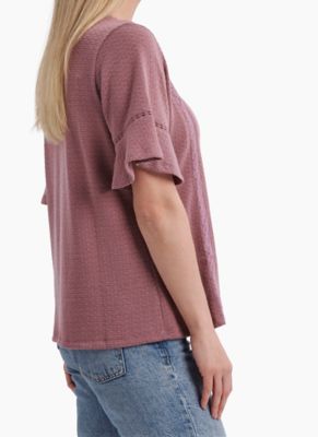 Image showing  Women's Crew Neck Knit Short Bell Sleeve Popover Shirt with Crochet Detailing