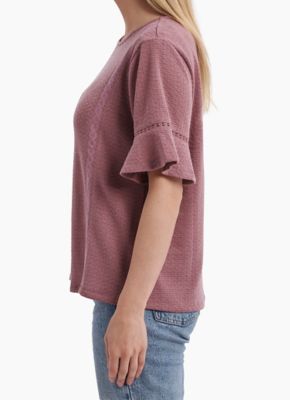Image showing  Women's Crew Neck Knit Short Bell Sleeve Popover Shirt with Crochet Detailing