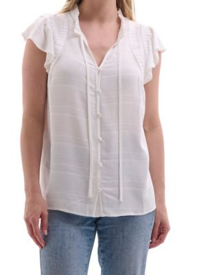 Image showing  Women's Full Button-Front Ruffle Neck Short Flutter Sleeve Peasant Blouse