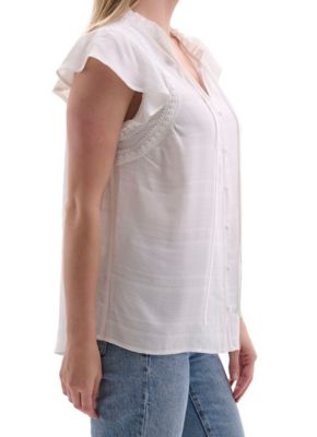 Image showing  Women's Full Button-Front Ruffle Neck Short Flutter Sleeve Peasant Blouse