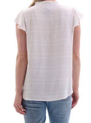 Image showing  Women's Full Button-Front Ruffle Neck Short Flutter Sleeve Peasant Blouse