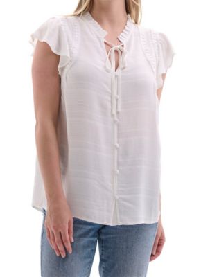 Image showing  Women's Full Button-Front Ruffle Neck Short Flutter Sleeve Peasant Blouse