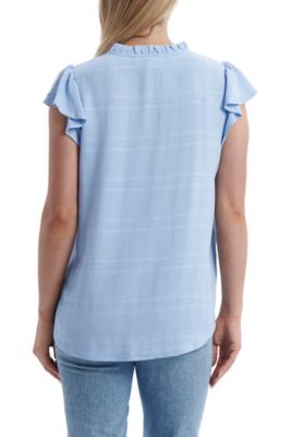 Image showing  Women's Full Button-Front Ruffle Neck Short Flutter Sleeve Peasant Blouse