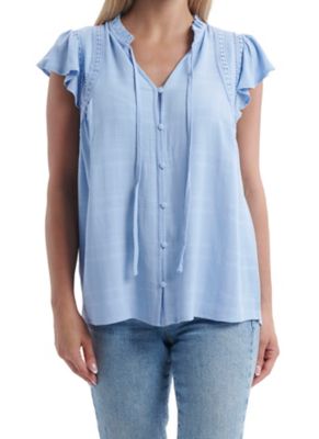 Como Vintage Women's Full Button-Front Ruffle Neck Short Flutter Sleeve Peasant Blouse