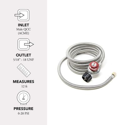 Image showing  High Pressure Propane Regulator with 12 ft. Steel Braided Hose with male end orifice