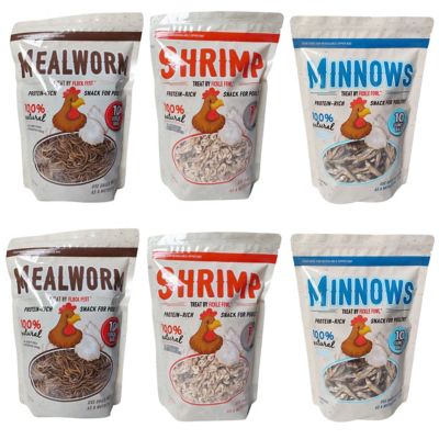 Flock Fest 6-Pack of 10 oz. bags of Dried Minnows, Mealworms, Shrimp Protein-Rich Snack for Poultry