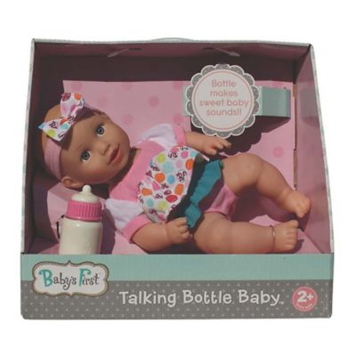 Baby's First Goldberger 13 in. Soft Body Talking Baby Doll with Bottle Baby White Top
