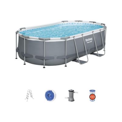 Image showing  Power Steel 14 ft. x 8.2 ft. x 39.5 in. Oval Frame Above Ground Pool Set with Filter