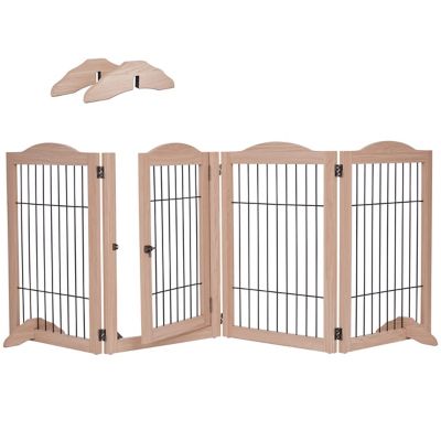 Arf Pets Freestanding Dog Gate, 4-Panel Extension, 360 deg. Foldable Dog Gate 80 in. W x 31.5 in. H - Walnut