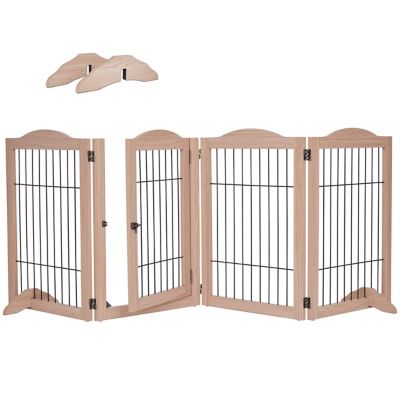 Arf Pets 31.5 in. 360 Foldable Freestanding Wooden Dog Gate, 4-Panel Extension, 80 in. W, Walnut