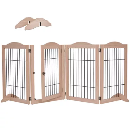 Arf Pets 31.5" 360° Folding Freestanding Wooden Dog Gate 4-Panel Extension 80" Width Walnut Pet Gates