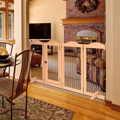 Image showing 6 th Arf Pets 31.5 in. 360 Foldable Freestanding Wooden Dog Gate, 4-Panel Extension, 80 in. W, Walnut