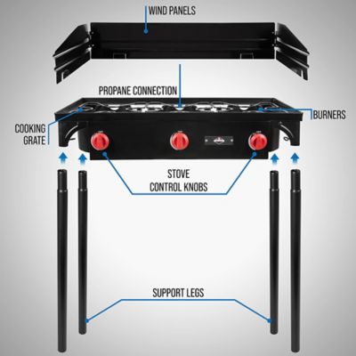 Image showing  225,000 BTU Portable Gas Stove with 3 Burners, Legs, Wind Panels & Temperature Control