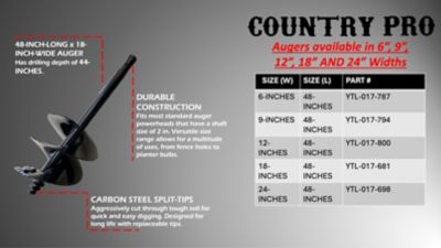 Image showing 9 th Country Pro 18 x 48in. Carbon Steel Earth Auger for CAT 1 and CAT 2 Post Hole Diggers