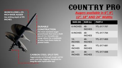 Image showing 9 th Country Pro 24 in. Wide by 48 in. Long Earth Auger, Carbon Steel Construction, Compatible with CAT 1 & CAT 2 Post Hole Diggers