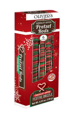 Olivier's 6 ct. Milk Chocolaty Pretzel Rods with Red and Green Drizzle