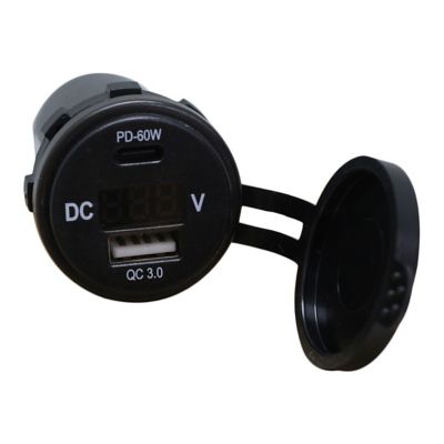 Image showing  Round Socket Auxiliary Digital Voltage Meter and Charging Port Combo C-Type QC4.0 60W + A-Type USB3.0 36W