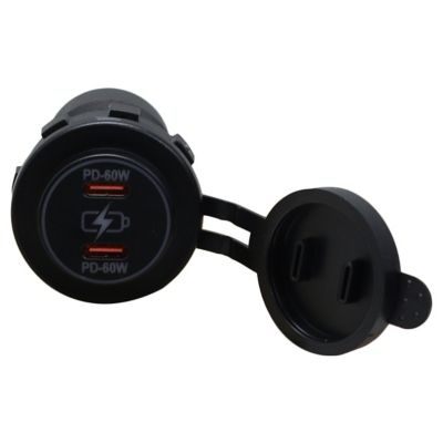 Image showing  Round Socket Auxiliary Charging Port with Dual C-Type PD 60W Outputs Blue Indigo LED and Cover