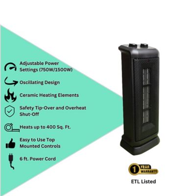 Image showing 6 th Comfort Glow 18 in. Oscillating Ceramic Tower Heater Black 750/1500W