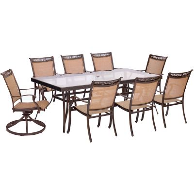 Hanover Fontana 9 pc. Dining Set with Six Stationary Dining Chairs, 2 Swivel Rockers, And An Extra-Large Glass-Top Dining Table