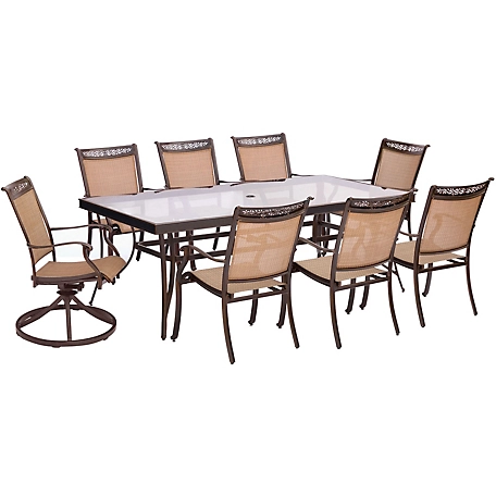Hanover Fontana 9 pc. Dining Set with Six Stationary Dining Chairs, 2 Swivel Rockers, And An Extra-Large Glass-Top Dining Table