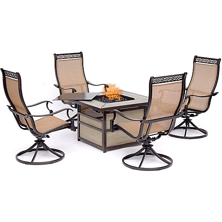 Hanover Monaco 5 pc. Fire Pit Chat Set With 4 Sling Swivel Rockers and 40,000 BTU Gas Fire Pit Coffee Table