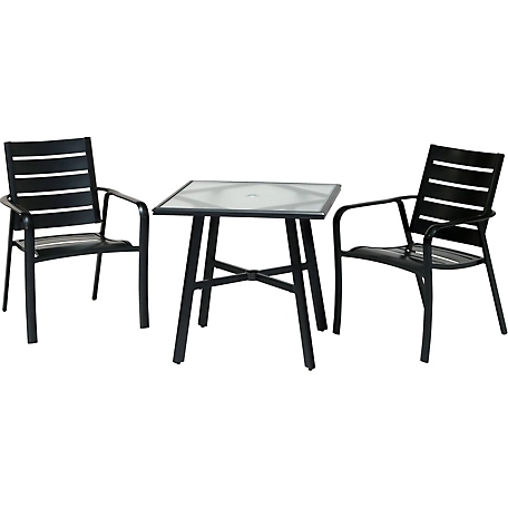 Hanover Cortino 3 pc. Commercial-Grade Bistro Set With 2 Aluminum Slat-Back Dining Chairs And A 30 in. Tempered-Glass Table